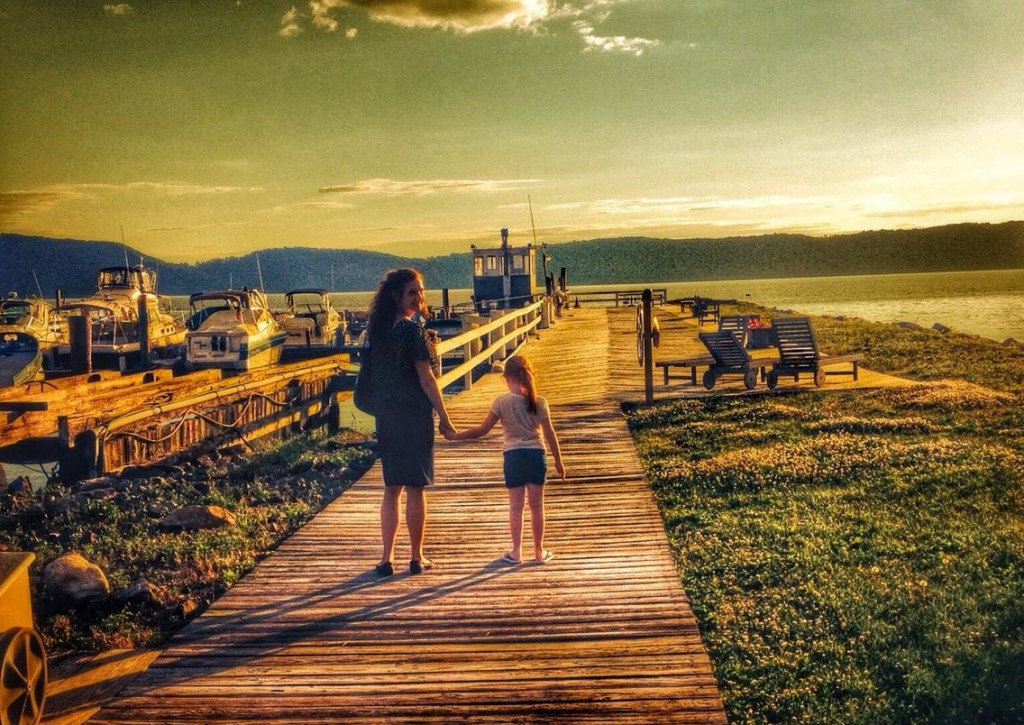 Mother & daughter on boardwalk - d-grey
